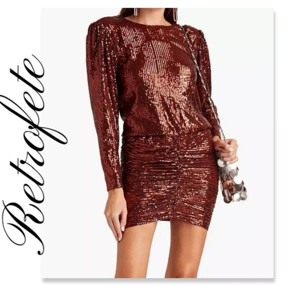 Retrofete NWT Flynn Ruched Sequin Tulle Mini Dress in COPPER  STUNNING - Picture 1 of 11